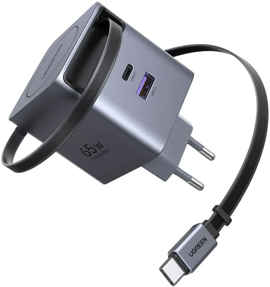 Incarcator de retea UGREEN 65W, GaN Fast Charger, USB-A, USB-C, Cablu Retractabil incorporat, Gri