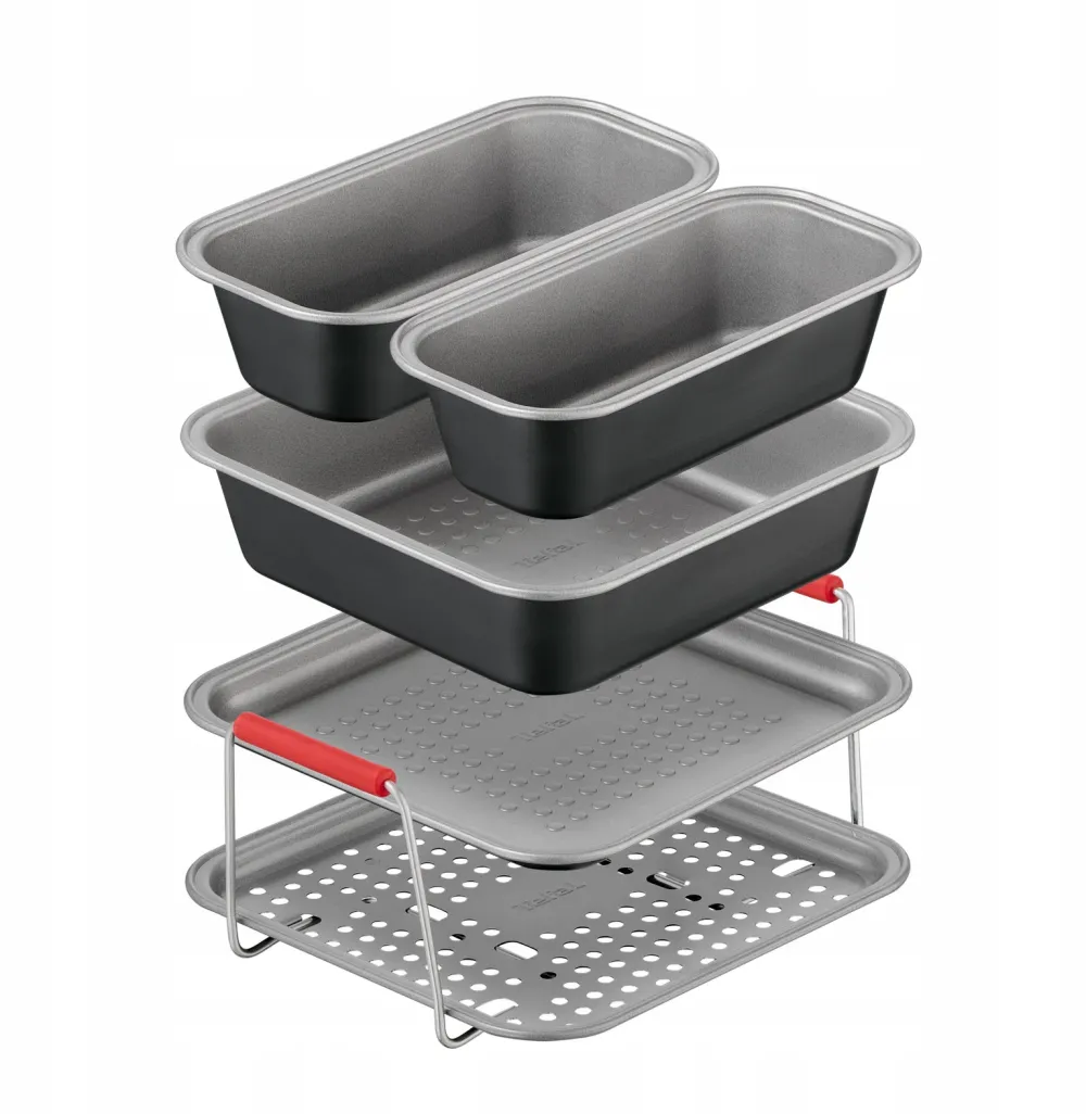 Set de 5 accesorii Tefal Dail'Easy pentru friteuza, invelis antiaderent, otel carbon, tava perforata cu manere, tava si 3 forme, negru & gri