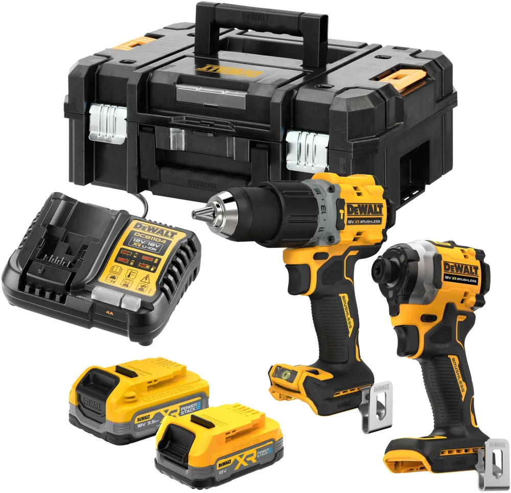 Set 2 scule profesionale pe acumulator DeWALT DCK2050EST, 18V XR, motor fara perii, masina de gaurit cu percutie DCD805, masina de insurubat cu impact DCF850, 1x acumulator Li-Ion 3.5 Ah + 1x acumulator Li-Ion 1.7 Ah POWERSTACK, incarcator, TSTAK