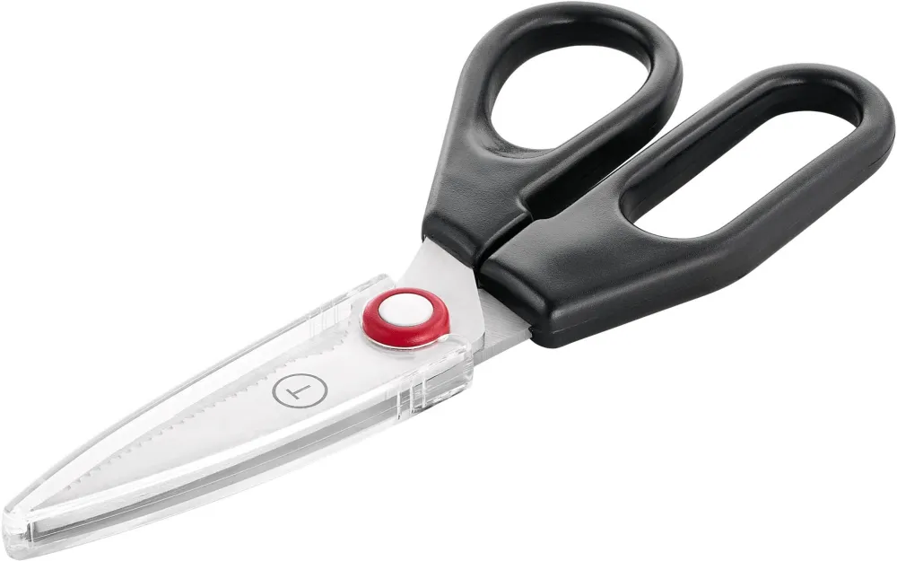 Foarfeca de bucatarie Tefal Ingenio, inox, lame detasabile, capac de protectie, compatibilitate cu masina de spalat vase, negru & rosu