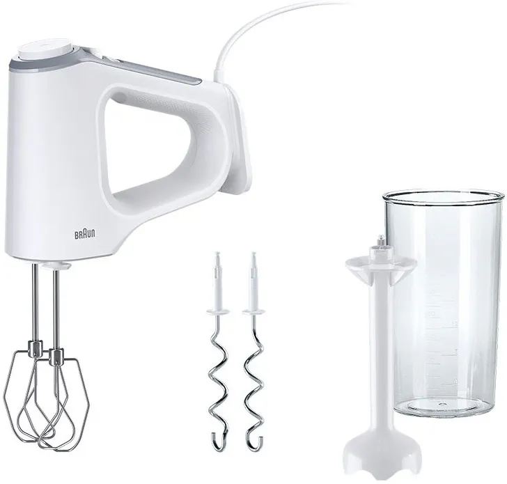 Mixer de mana Braun MultiMix 3 HM3205WH, 550 W, 5 viteze + Turbo, teluri MultiWhisk, 2 carlige framantare, picior pasator, alb/argintiu