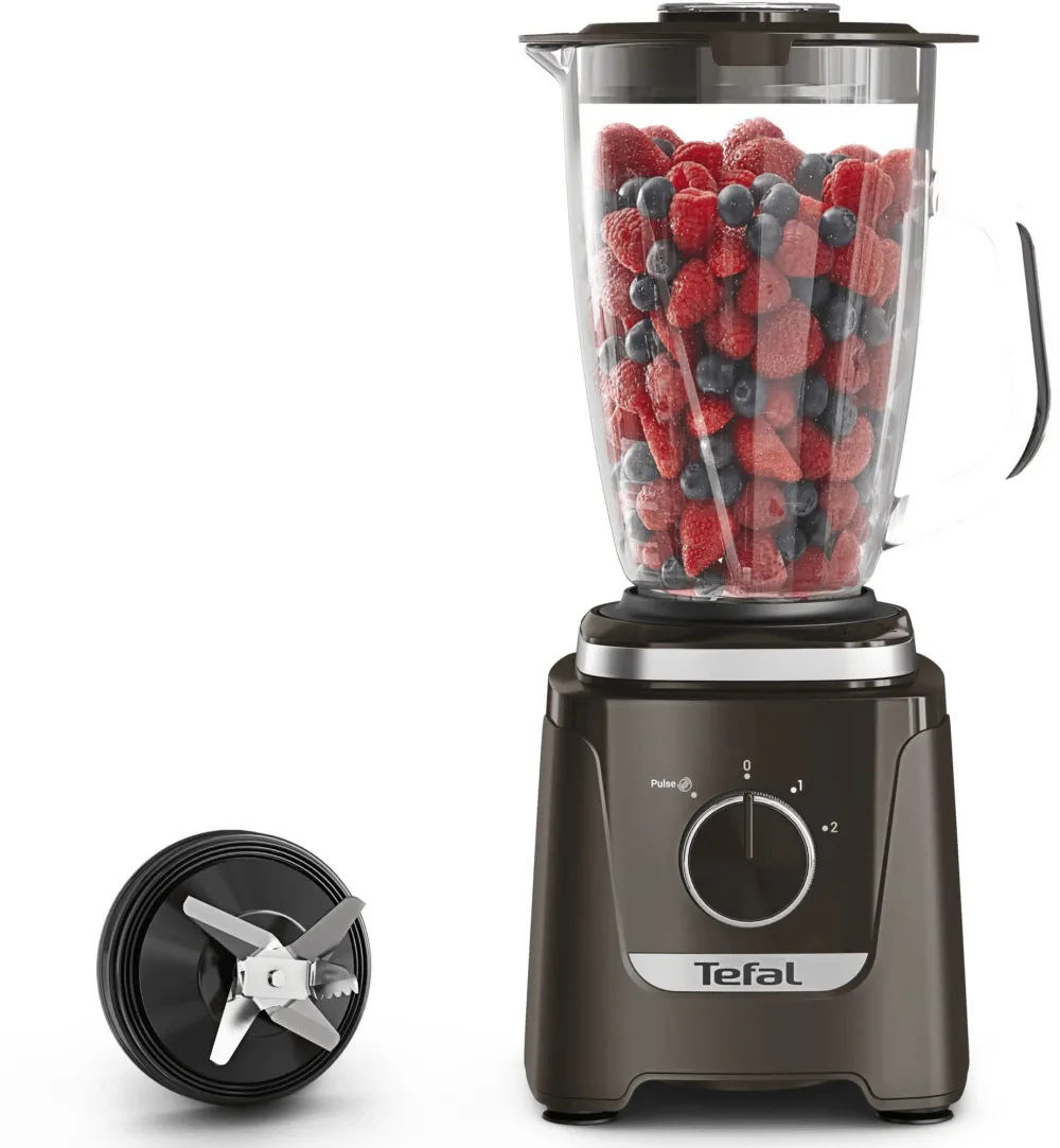 Blender Tefal Blendforce BL5959F0, 800 W, 1.25 L, 2 trepte de viteza, functie Pulse, vas din sticla rezistent la soc termic, 6 lame Powelix 3D, tehnologie Powelix Cyclonic, functie zdrobire gheata, lame detasabile, maro