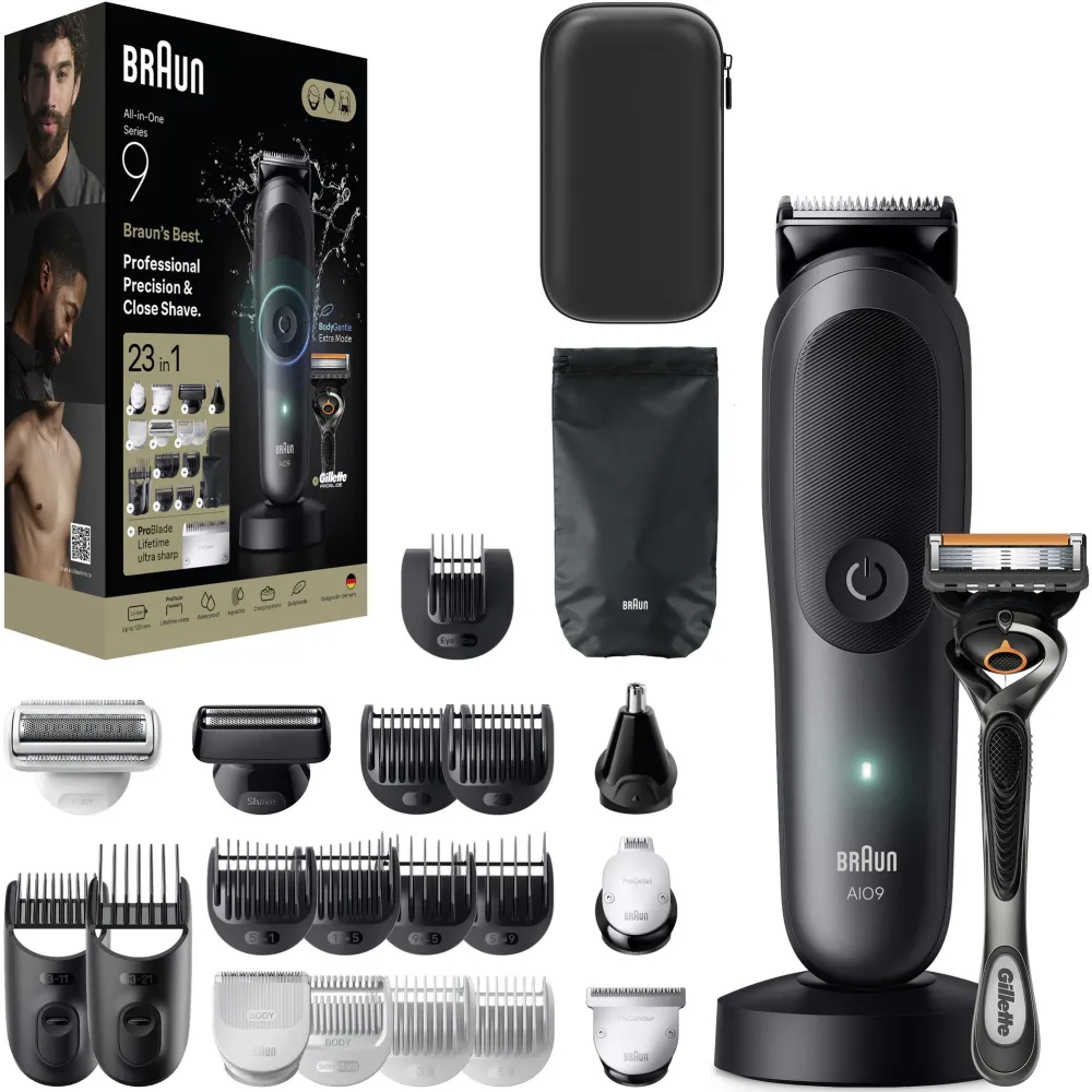 Aparat de tuns multifunctional 23-in-1 Braun All-in-One Seria 9 AIO9520 pentru tot corpul, lama Problade ultra ascutita, Autonomie 120min, mod Bodygentle, Aquagrip, Skinguard, Aparat ras Gillette Proglide, 13 Piepteni, 6 Accesorii, Suport incarcare, Gri