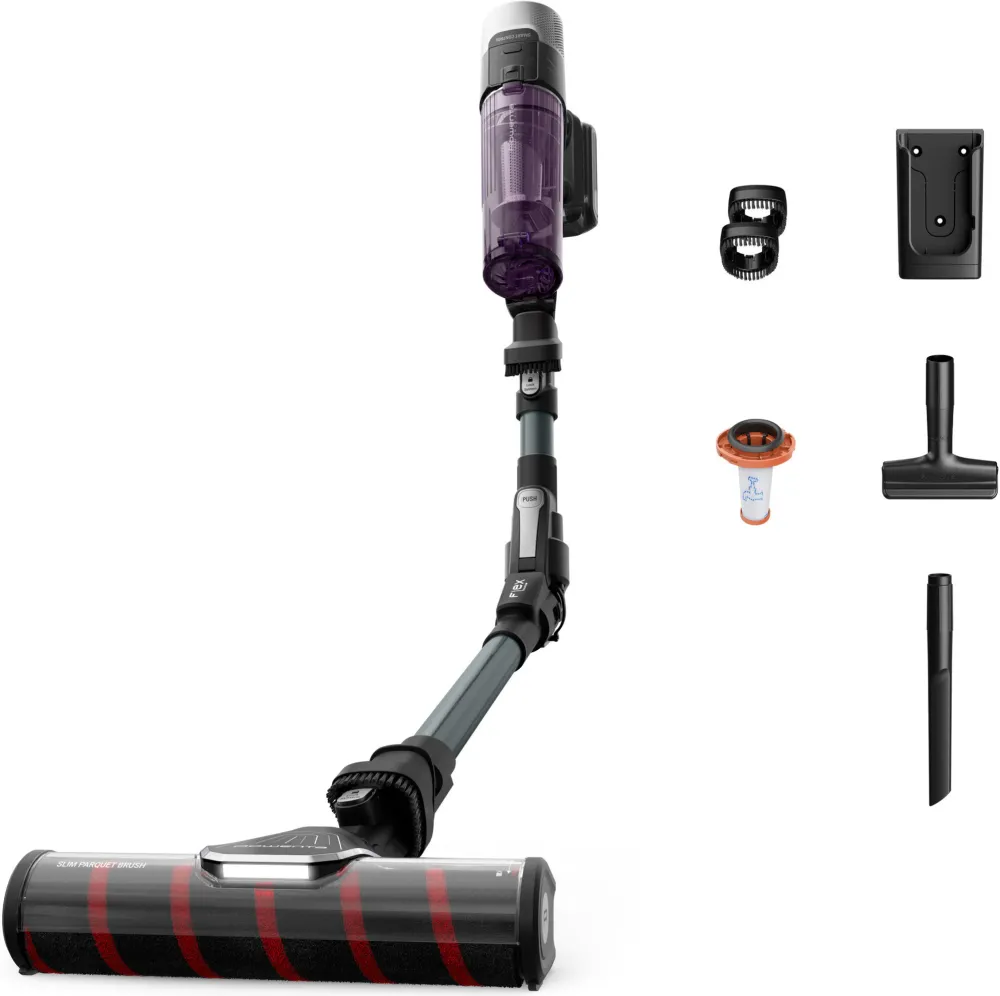 Aspirator vertical fara fir Rowenta X-Force Flex 9.60 Allergy Parquet RH2048WO, 250 W, putere aspirare 100 AW, recipient praf 0.44 L, autonomie pana la 45 min, 3 trepte de putere, tub Flex, perie cu iluminare LED, negru & mov