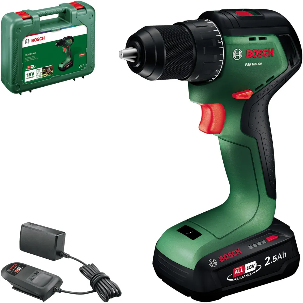Masina de gaurit si insurubat cu acumulator Bosch PSR 18V-60 06039D7201, 18V, 20 trepte torsiune, 2 viteze, dimensiuni 159x57x208mm, set 2 acumulatori + incarcator