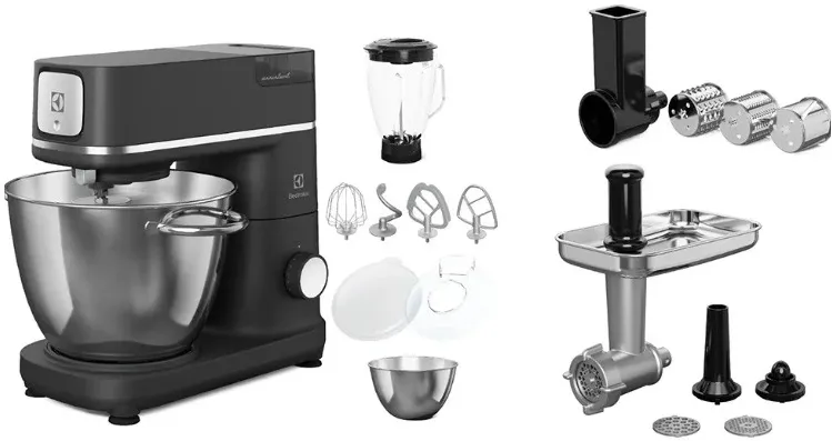 ELECTROLUX Robot de bucatarie Electrolux E6KM1-8BPT, 1200 W, corp full metal, 10 viteze + Pulse, 2 x bol inox (6 litri + 4 litri), blender 1,5 lt din sticla borosilicata, masina de tocat carne, accesoriu radere/feliere, lumina LED pentru bol, antracit
