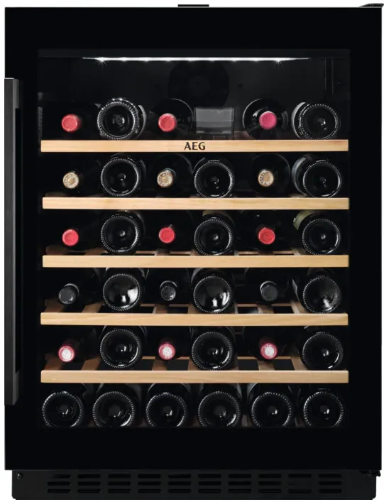 Racitor de vinuri incorporabil AEG AWUS052B5B, 145 l, 52 sticle, Control electronic, Rafturi lemn, Usa reversibila, Clasa G, H 82 cm, Negru