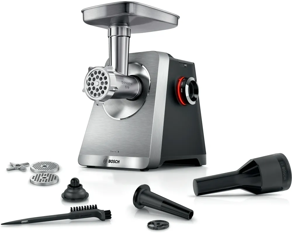 Masina de tocat carne Bosch serie 8 MFWS820M, 2500 W, 4.5 Kg/min, 3 site,accesoriu kebbe si pilnie de carnati, Argintiu