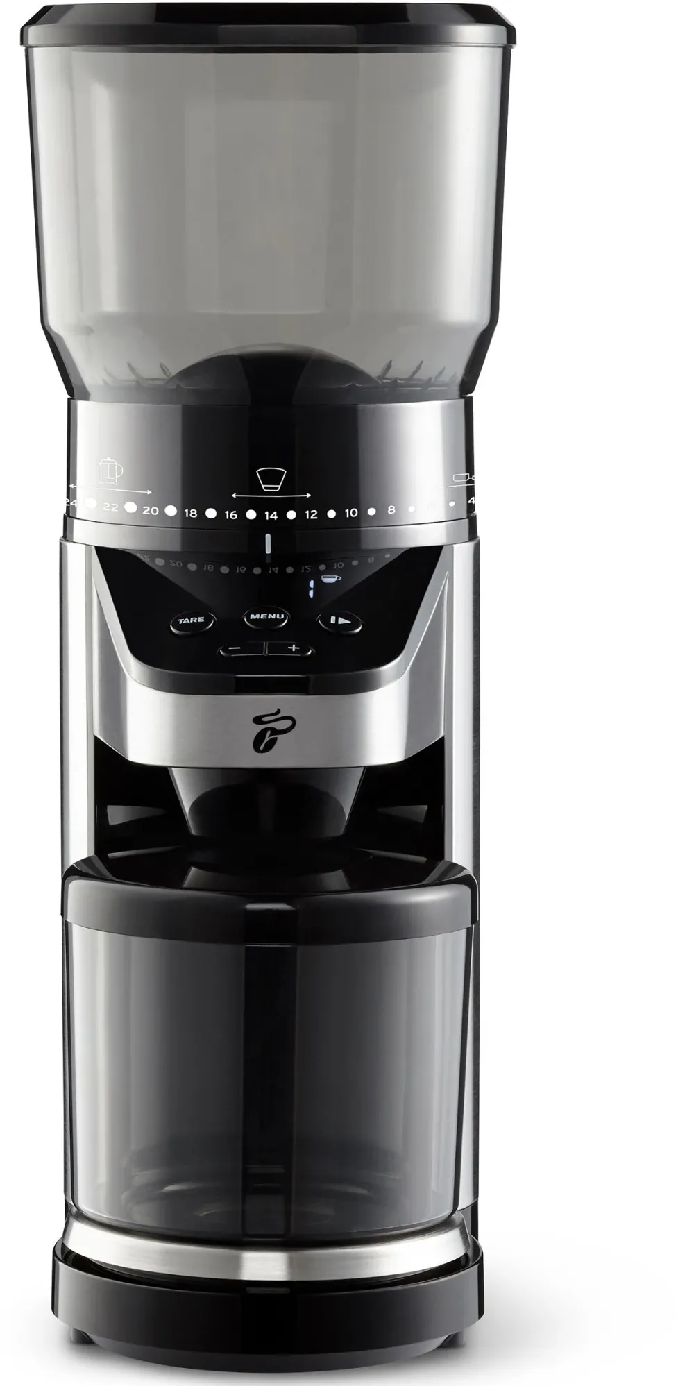 Rasnita de cafea Tchibo, 160W, recipient boabe 400g, recipient colectare 100g, 26 setari macinare, Inox