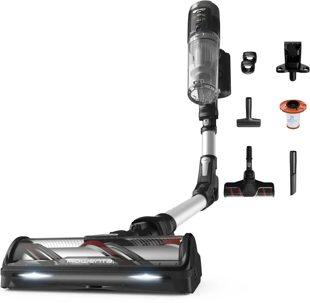 Aspirator vertical fara fir Rowenta X-Force Flex 13.60 Complete RH9A55E0, 380 W, putere aspirare 150 AW, recipient praf 0.65 L, autonomie pana la 60 min, 4 trepte de putere, tub Flex, perie cu LED, negru