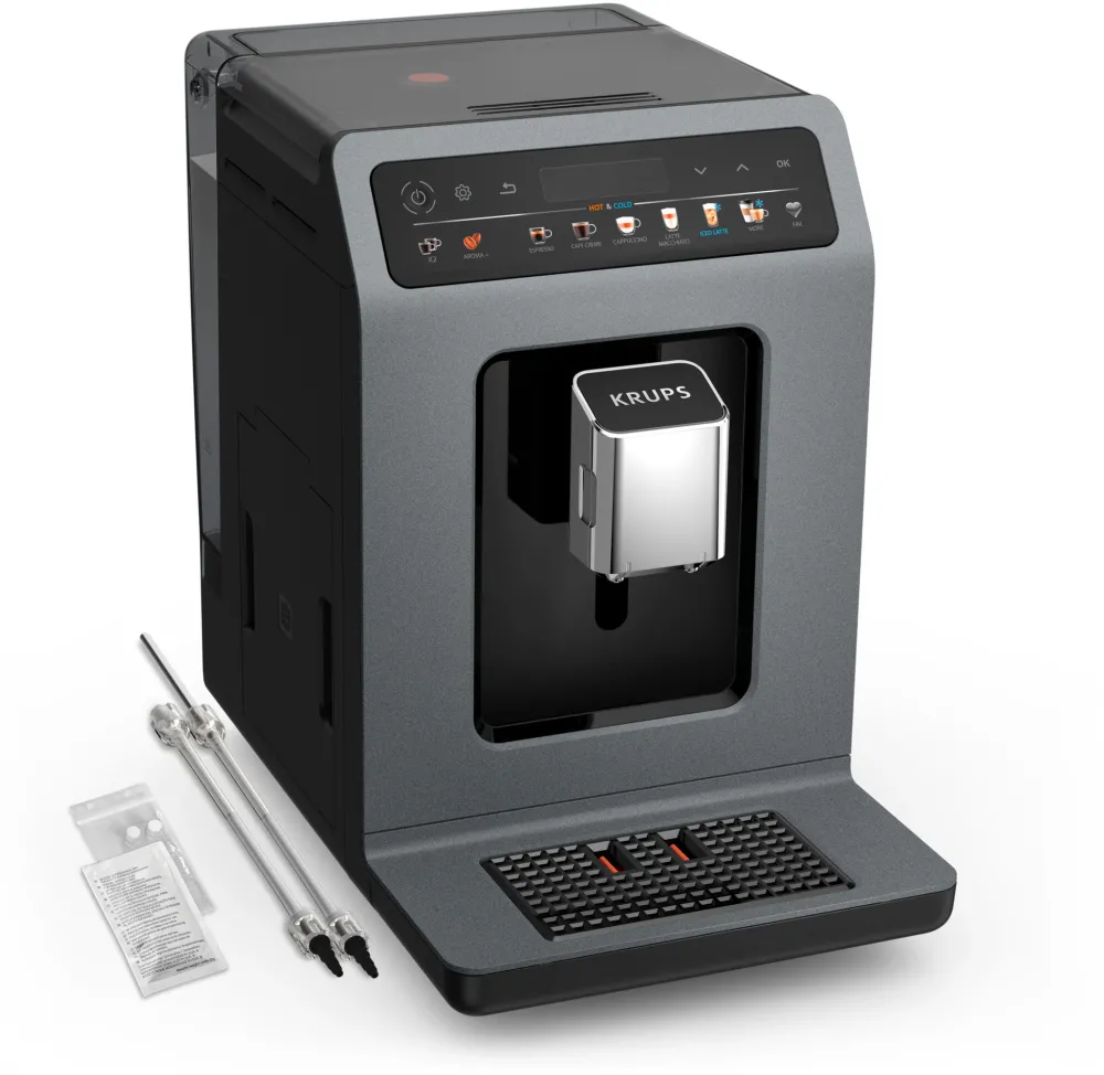 Espressor automat Krups Evidence Hot & Cold EA898GF0, 1450W, 15 bari, rezervor 2.3L, ecran tactil LED, 18 retete calde & reci, rasnite 5 trepte, 3 trepte temperatura, tehnologie de extractie Cold Brew Aroma, sistem One-Touch Cappuccino, negru & gri
