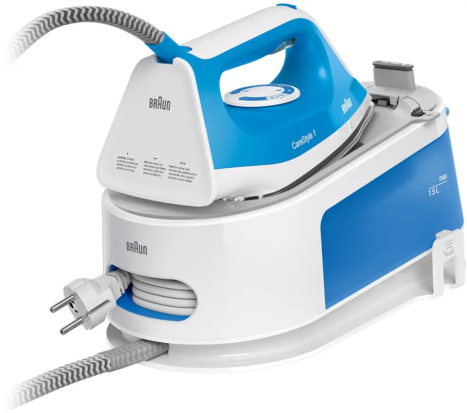 BRAUN Statie de calcat Braun CareStyle 1 IS102BL, 2200W, 5.5 bari, abur variabil 110g/min, jet de abur 340g/min, rezervor 1.5L, talpa Super Ceramic, Alb/Albastru