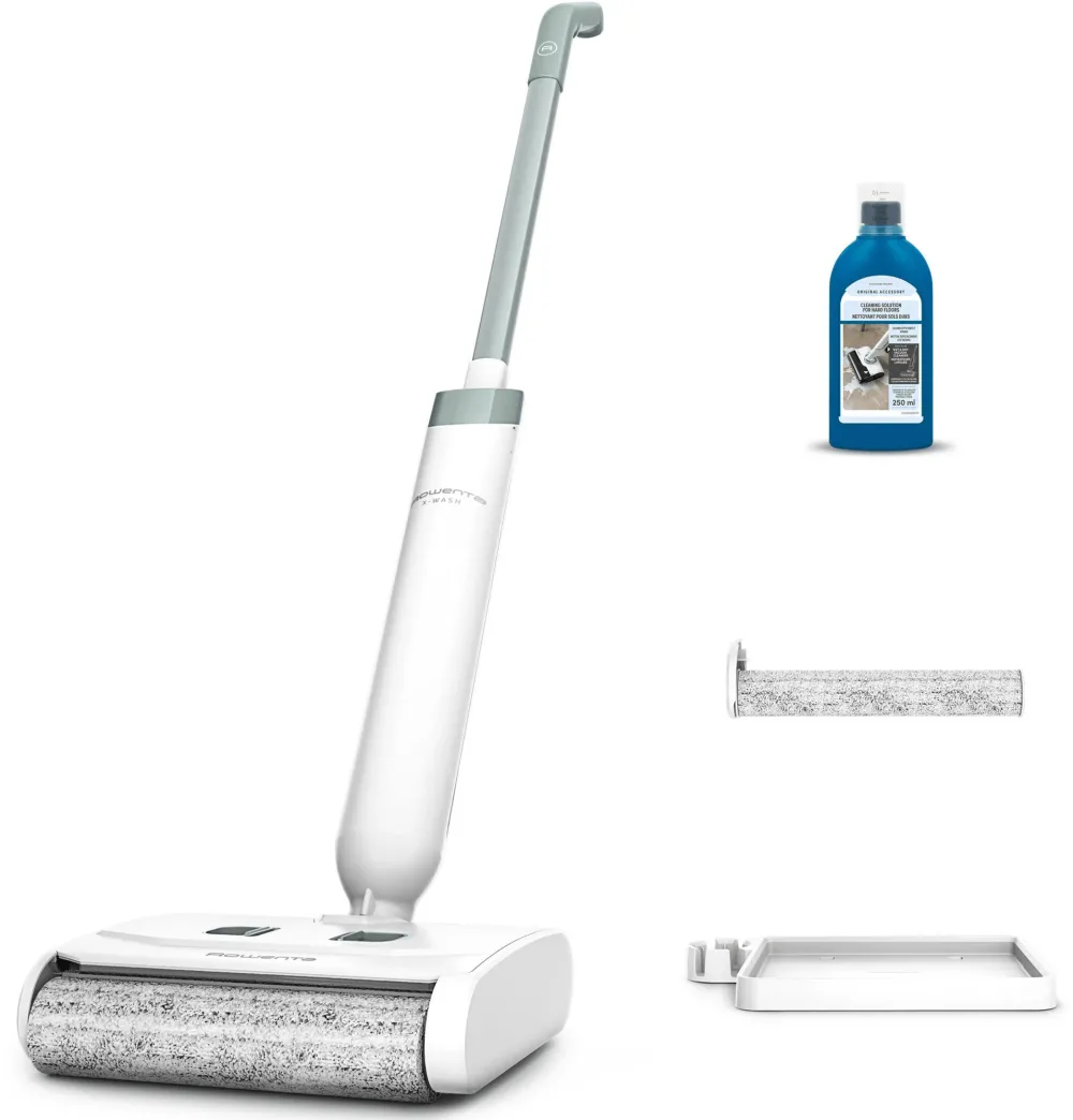 Aspirator vertical fara fir cu spalare Rowenta X-Wash GZ1032E0, pana la 40 min autonomie, aspirare umeda si uscata, 2 moduri, design flexibil 180°, compatibil cu detergenti, rola suplimentara si detergent incluse, alb & verde
