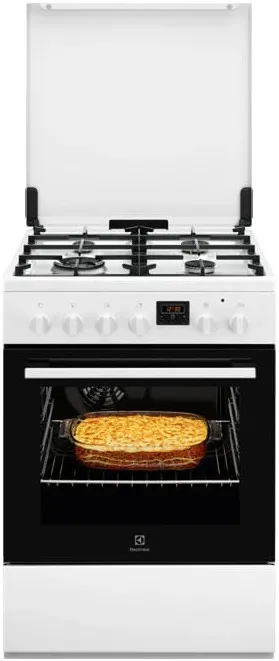 Aragaz Electrolux LKK664222W, Mixt, 4 arzatoare gaz, Gratare fonta; Aprindere integrata; SteamBake-gatire cu abur; Cuptor electric 11 functii; Autocuratare catalitica; Iluminare cuptor; Grill; 60x60 cm, Siguranta plita; Clasa A; Capac metalic; Alb