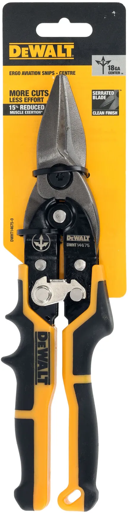 Foarfeca dreapta pentru tabla DeWALT DWHT14675-0, lama zimtata pentru taiere curata, maner ergonomic bi-material cu prindere anti-alunecare, efort redus cu 15%, ideala pentru aluminiu, vinil, carton si metal