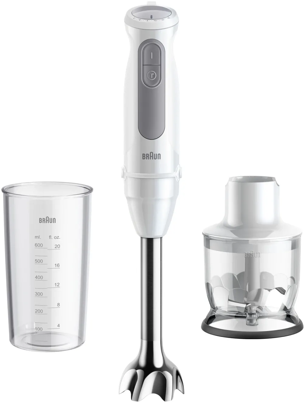 BRAUN Blender vertical Braun MQ50201M, 1000 W, 21 trepte viteza, Functie Turbo, Tocator 350 ml, Pahar gradat 600 ml, Alb/Gri