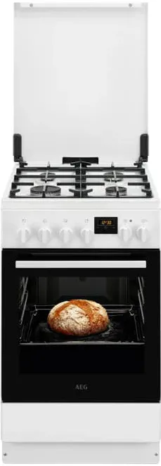 Aragaz AEG CKB56490AW, Mixt, 4 arzatoare gaz, Gratare fonta; Aprindere integrata; SteamBake-gatire cu abur; Cuptor electric 11 functii; Timer electronic; Iluminare cuptor; Grill electric; 50x60 cm, Siguranta plita; Clasa A; Capac metalic; Alb