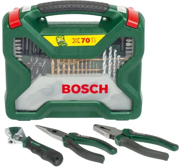 Set 70 accesorii BOSCH X-LINE 2607017197, burghie metal, lemn, piatra, bituri, chei tubulare, set de clesti
