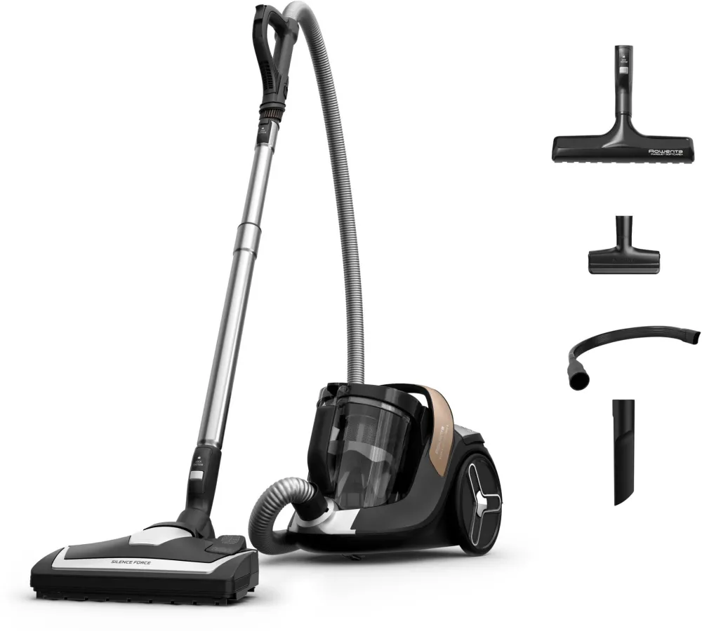 Aspirator fara sac Rowenta Silence Force Cyclonic 8 RO7C44E0, 900 W, recipient praf 2.5 L, nivel zgomot 66 dB, raza de actiune 9 m, filtrare HEPA 99.98%, perie PowerGlide Silent, perie parchet, accesoriu flexibil XL, duza tapiterie, negru & maro