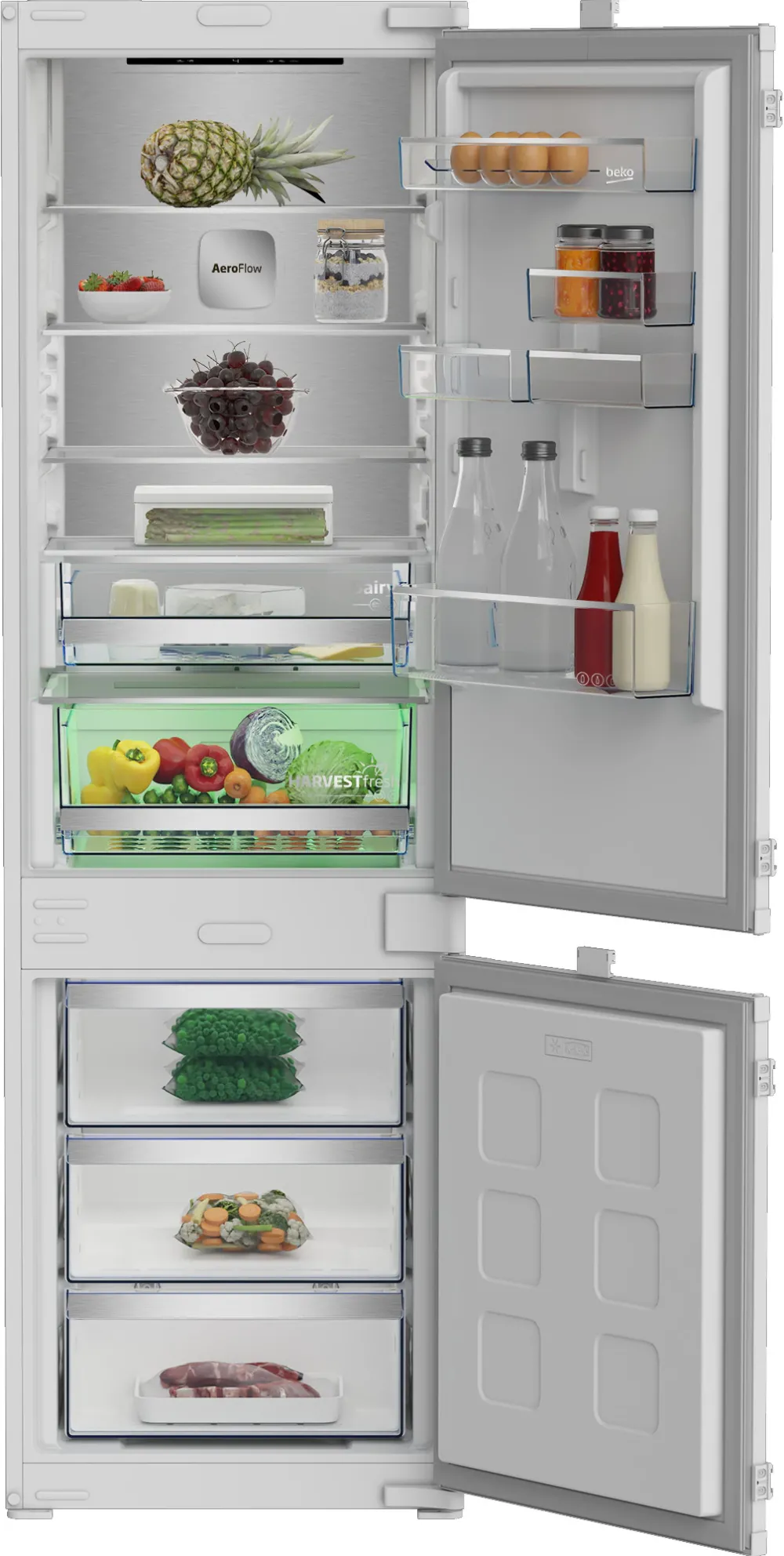 Combina frigorifica incorporabila BEKO B7BCNA295HS2 , volum net total 270( l),clasa energetica D,Harvest Fresh,congelare rapida, Compresor ProSmart Inverter,racire rapida, H 177 cm , Alb
