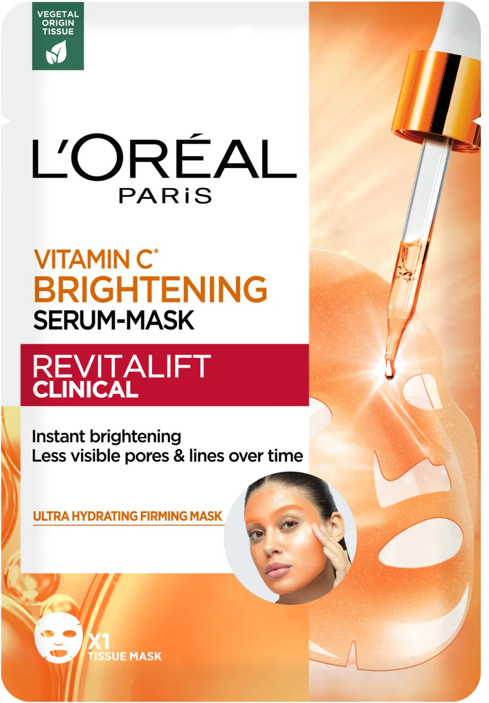 Masca servetel cu serum L'Oreal Paris Revitalift Clinical imbogatita cu Vitamina C & Acid Salicilic, efect de Luminozitate, 26 g