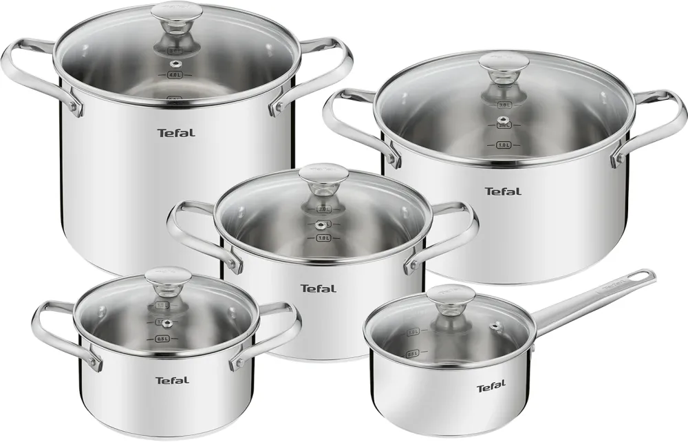 TEFAL Set 10 piese Tefal Cook Eat, inductie, cratita de 16 cm, oala de 18/20/22/24 cm, 5 capace de sticla, interior gradat, manere nituite, inox, argintiu