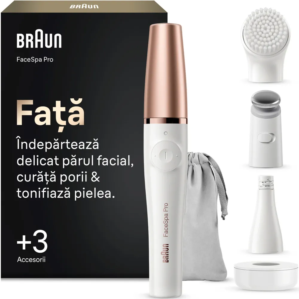Braun FaceSpa Pro SE911 Epilator facial si sistem de curatare si de tonifiere a pielii, + 3 accesorii, Alb/Bronz