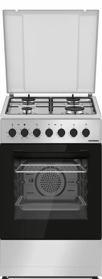 HEINNER Aragaz mixt HFSC-S60LITGC-SL, 4 arzatoare, aprindere electrica plita, cuptor electric, clasa A, timer, grill, ventilatie, sertar inferior vase, 50x60 cm, Argintiu