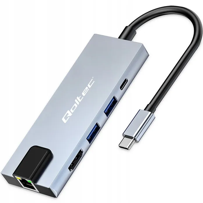 Hub USB-C Qoltec 53795 5 in 1 PD 100W 2x USB HDMI 4K RJ45 gri