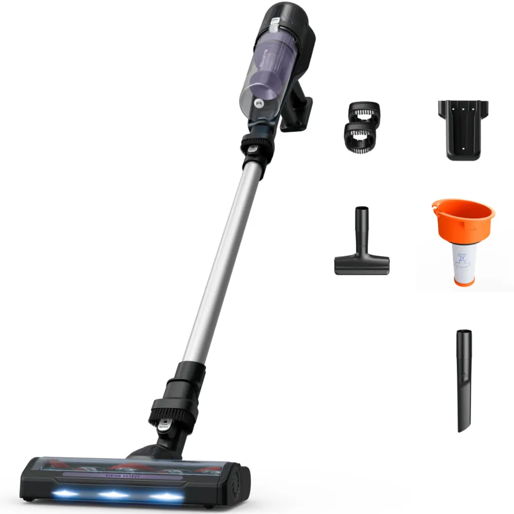 Aspirator vertical Rowenta X-Pert 5.80 RH5A31E0, 150 W, 18.5V, autonomie 40 minute, filtrare 99.9%, recipient 0.44 L, perie cu LED, panou digital, greutate redusa, violet & argintiu