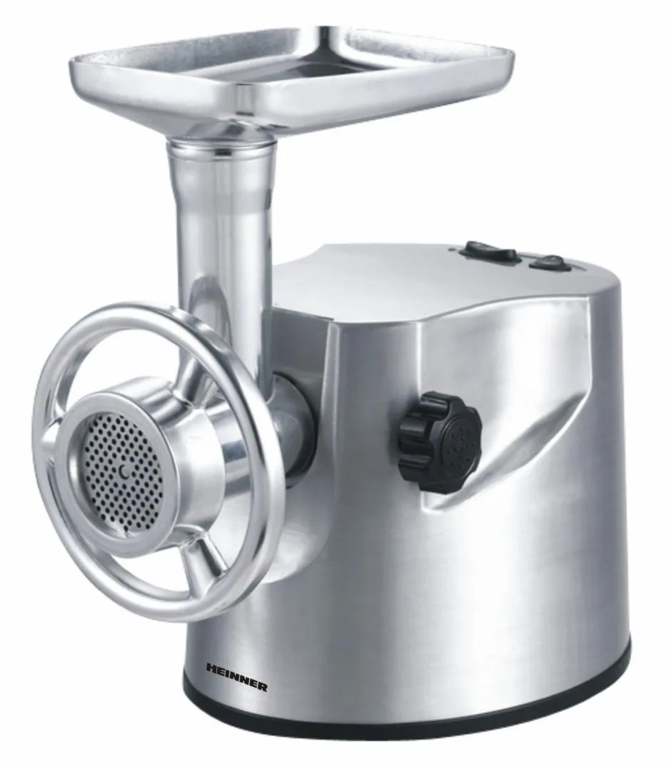 Masina de tocat Heinner PowerMix 2000 XMG-2000, 2000W, capacitate de tocare: 2kg/min, cutit din inox, 3 site de tocare metalice 0.3/0.5/0.7 cm, functie reverse, accesoriu pentru kibbe si carnati, Aluminiu