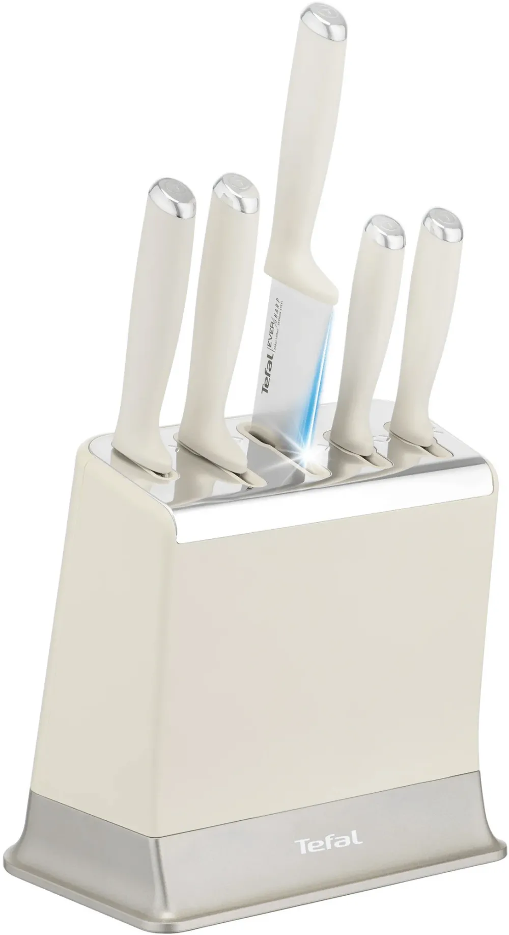 Set cutite Tefal EverSharp, 5 piese, cutitul bucatarului 20 cm, cutit pentru paine 20 cm, cutit Santoku 16.5 cm, cutit universal 12 cm, cutit pentru curatat 9 cm, suport cu sistem integrat de ascutire, crem