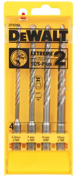 Set 4 burghie pentru SDS+ DeWALT DT9702, EXTREME 2, dimensiuni 5.5-10mm, 4 piese, tehnologie Iron Blast pentru rezistenta ridicata, durata de viata mai lunga si gaurire mai rapida