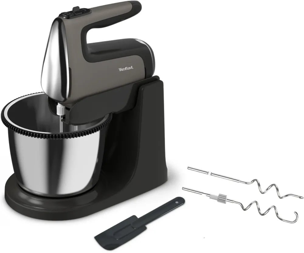 Mixer cu bol Tefal Powermix Silence HT664EE0, 850 W, rotire automata a bolului, functie turbo, 2 teluri inox, 2 carlige inox, spatula, argintiu & negru
