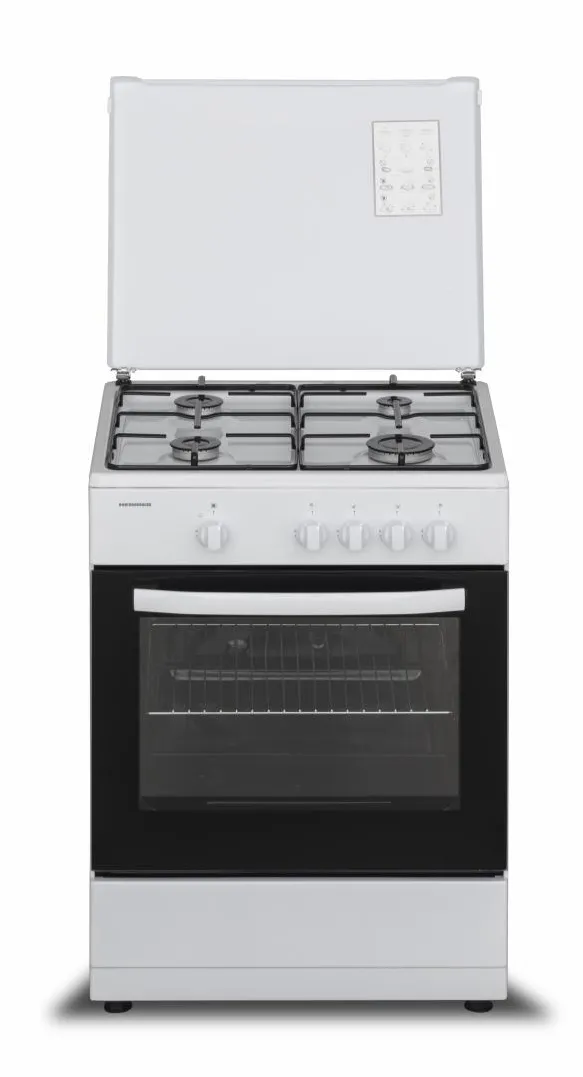 Aragaz Heinner HFSC-SME60WH, Gaz, 4 arzatoare, Dispozitiv siguranta plita si cuptor, 60 cm, Alb