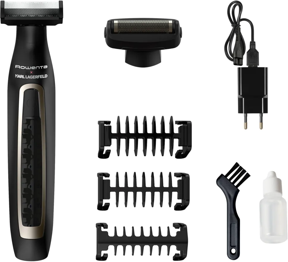Aparat de tuns barba Rowenta x KARL LAGERFELD Forever Sharp TN602LF0, 3 in 1, lame cu auto-ascutire din inox, 4 lungimi 0.4 - 5 mm, motor 8000 RPM, autonomie pana la 120 min, acumulator Li-Ion, incarcare rapida, Wet & Dry, cap de precizie, negru & rosu