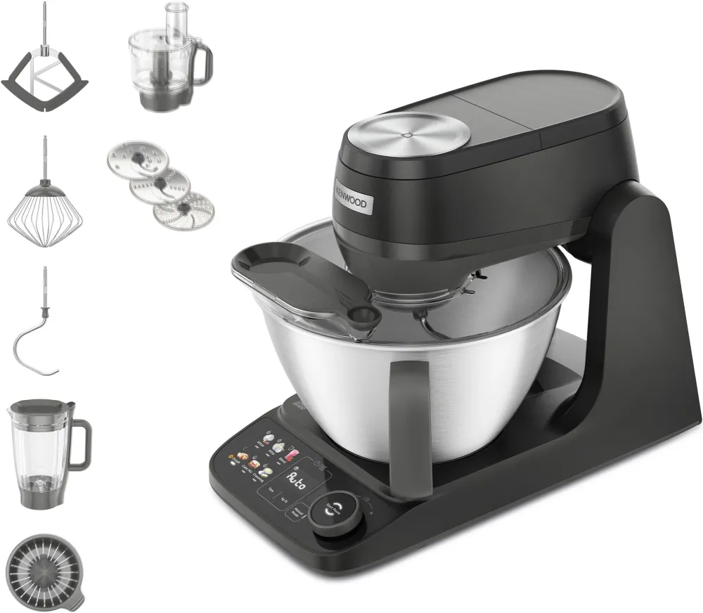 Robot de bucatarie Kenwood Smart-Touch KHC40.080BK, 1000 W, cantar integrat, 6 functii presetate, masina tocat, disc taiere cuburi, bol 4.3L cu maner, procesor alimente 1.2L, blender 1.5L, storcator citrice, 3 accesorii patiserie, 9 trepte viteza, negru