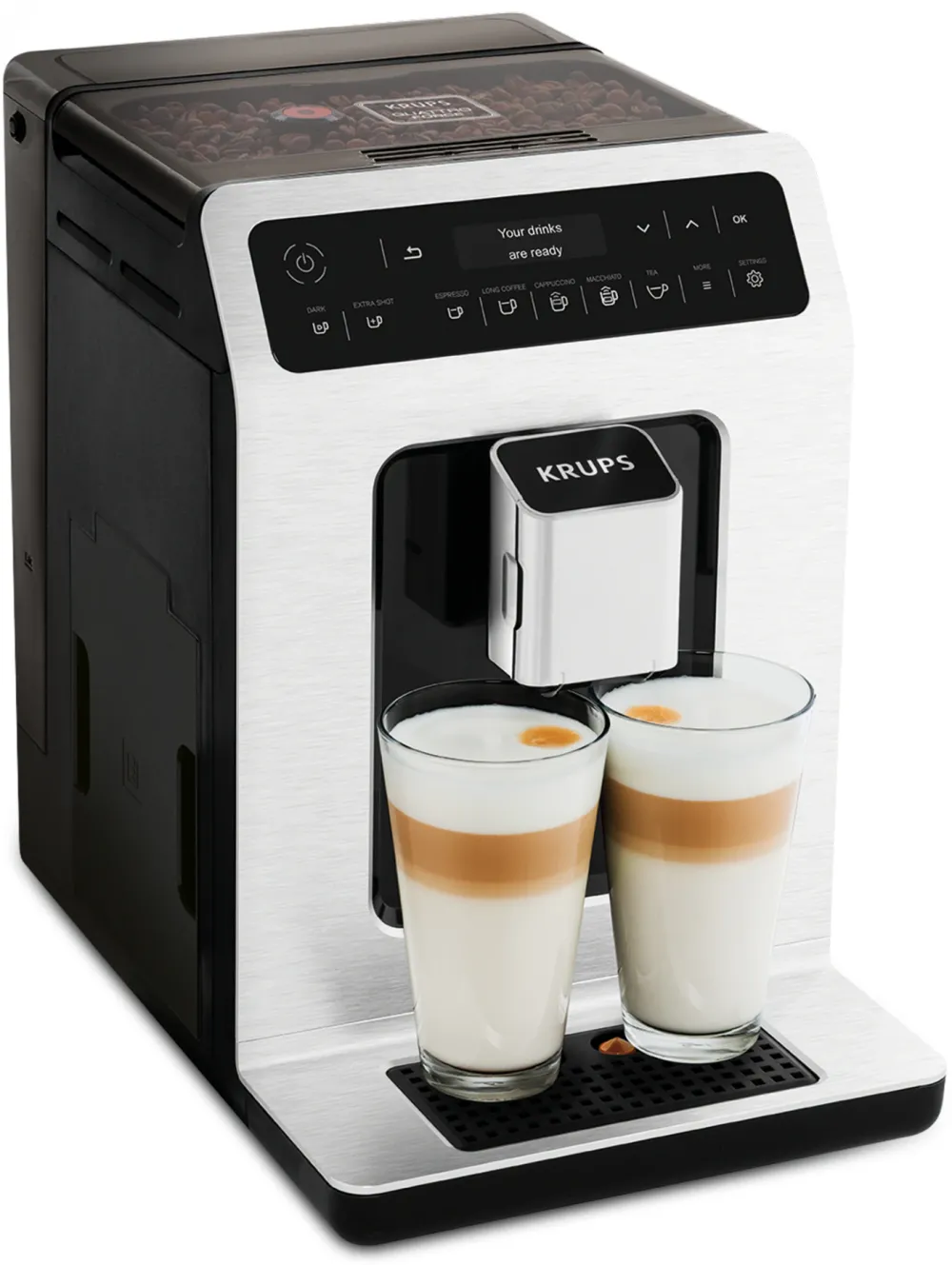 Espressor automat Krups Evidence EA890110, 1450W, 15 bari, rasnita cu 3 setari, 15 retete de bauturi, rezervor boabe 260g, rezervor apa detasabil 2.3L, functie One-Touch Cappuccino, alb