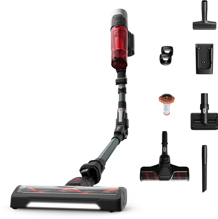 Aspirator vertical fara fir Rowenta X-Force Flex 9.60 Complete RH2098WO, 250 W, putere aspirare 100 AW, recipient praf 0.44 L, autonomie pana la 45 min, 3 trepte de putere, tub Flex, perie cu LED, perie Animal Turbo, rosu