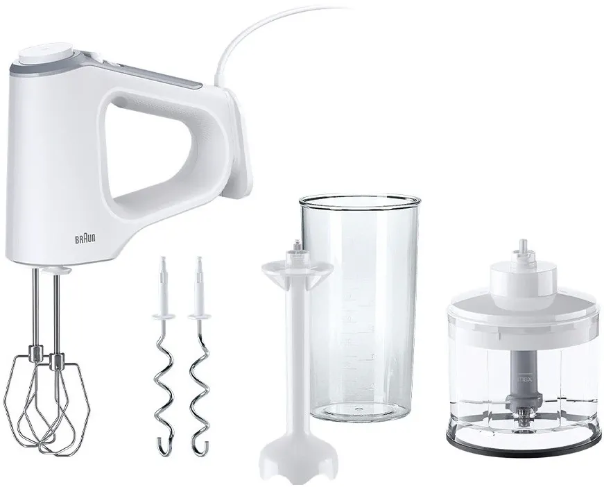 Mixer de mana Braun MultiMix 3 HM3235WH, 550 W, 5 viteze + Turbo, teluri MultiWhisk, 2 carlige framantare, picior pasator, tocator 500 ml, alb/gri
