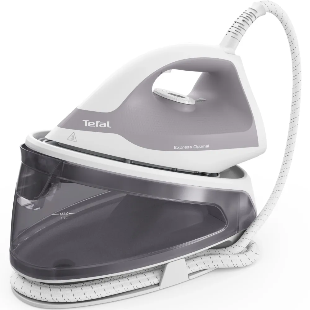 Statie de calcat cu abur Tefal Express Optimal SV4111E0, 2200 W, presiune 5.3 bari, abur variabil 0-110 g/min, jet de abur 250 g/min, rezervor apa 1.2 L, talpa Xpress Glide, tehnologie Calc Clear, oprire automata, design compact, alb & gri