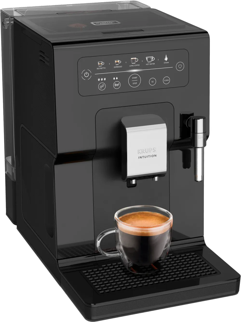 Espressor automat Krups Intuition EA870810, 1450W, 15 bari, indicatori luminosi, tehnologie Quattro Force, 3 pre-setari intensitate, functie spumare lapte, functie memorare favorite, negru