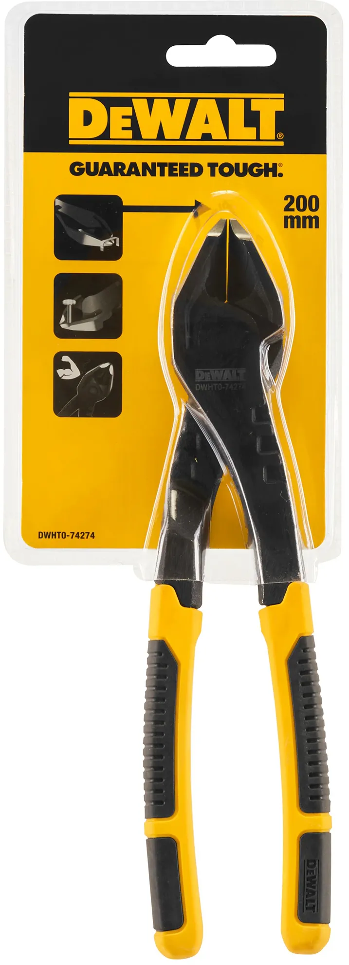 Cleste 200 mm pentru taiere diagonala DeWALT DWHT0-74274, functionalitate 2-in-1 pentru taiere si scoatere cuie si capse, design cu prindere la nivel pentru a evita agatarea, lame calite prin inductie durabile, cap profil redus pentru spatii inguste