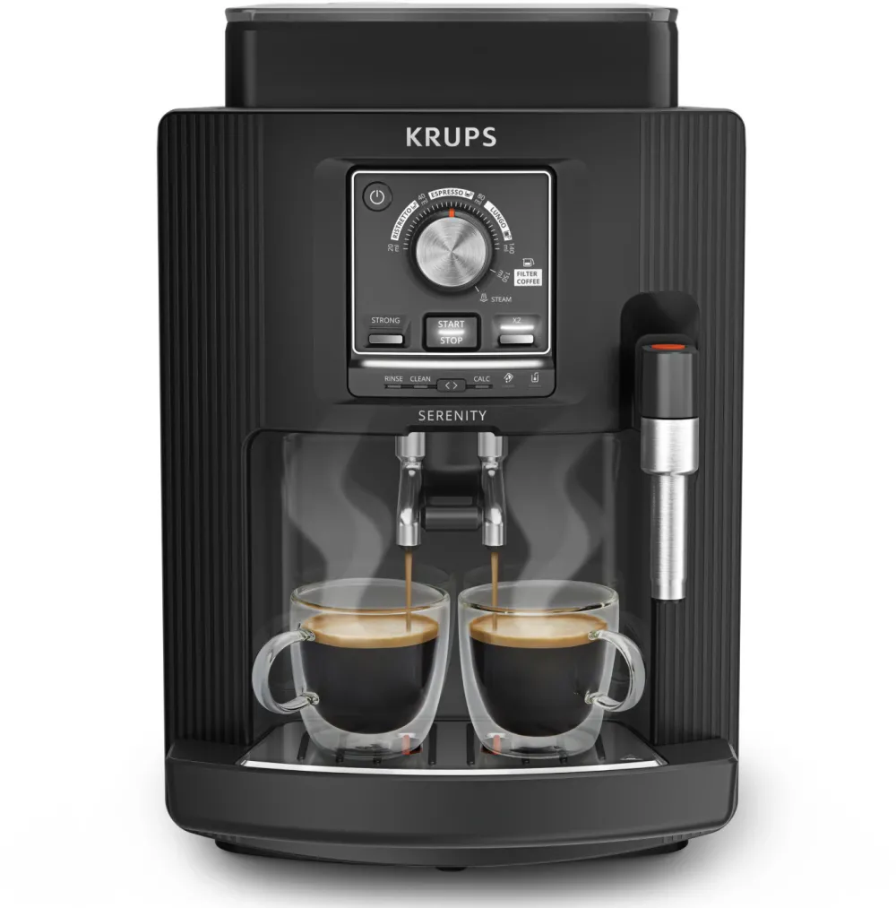 Espressor automat Krups Serenity EA4008E0, 1450 W, presiune 15 bari, capacitate rezervor apa 1.7 L, 4 retete, 5 trepte de macinare, 3 trepte de temperatura, sistem Thermoblock Compact, duza spumare lapte, negru