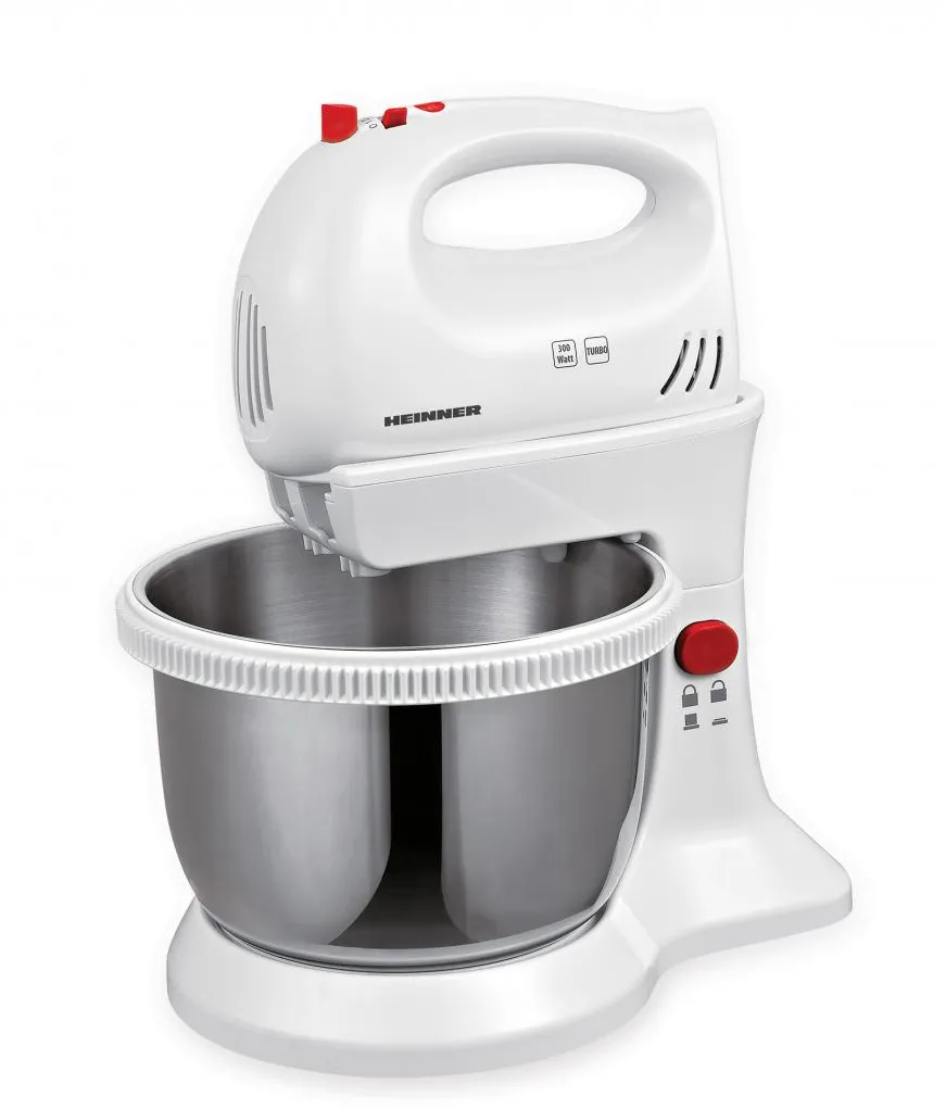 Mixer cu bol Heinner HMBR-300W, Bol Rotativ Inox, 300W, 3.4L, Alb