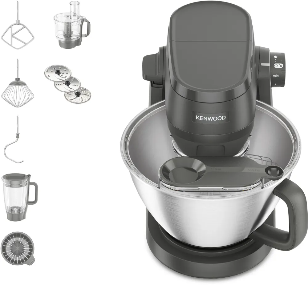 Robot de bucatarie Kenwood KHC30.050GY, 1000 W, bol 4,3L cu maner, procesor alimente cu accesoriu taiere cuburi, blender 1.5L, presa citrice, 7 trepte viteza, gri antracit