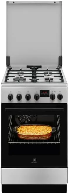 Aragaz Electrolux LKK520023X, Mixt, 4 arzatoare gaz, Aprindere integrata; Gratare fonta; Cuptor electric multifunctional 8 functii; Timer cu display electronic; Iluminare cuptor; Grill electric; 50x60 cm, Siguranta plita; Clasa A; Capac metalic; Inox