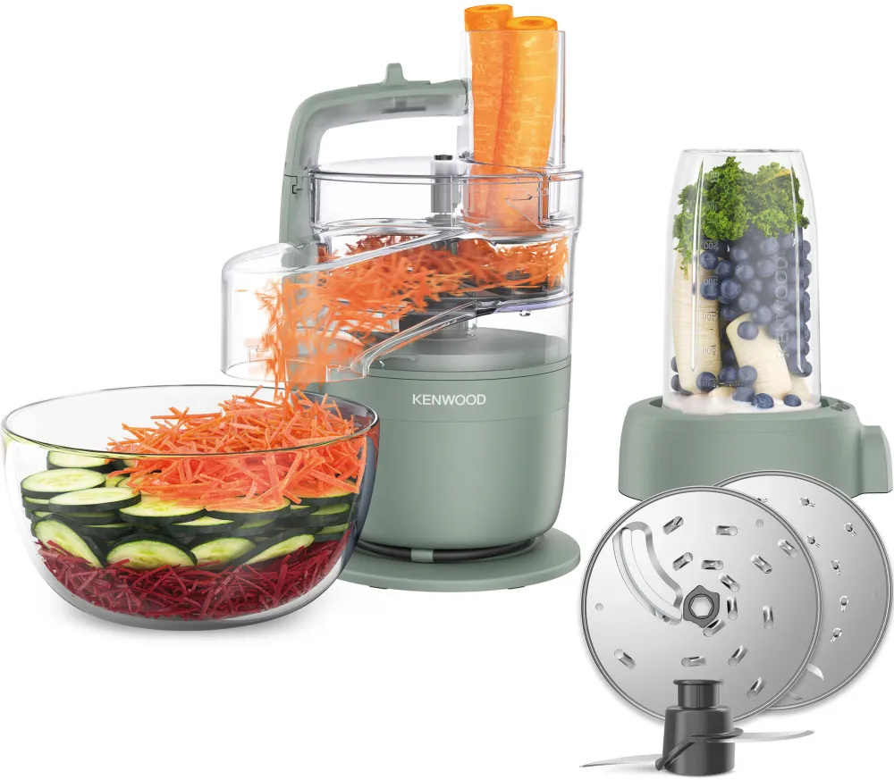Robot de bucatarie compact KENWOOD MultiPro Go FDP23.380GR, 900W, vas 1.3L, blender 600 ml, 2 trepte viteza, functie 360° Express ServeTM pentru feliere/razuire nelimitata, verde