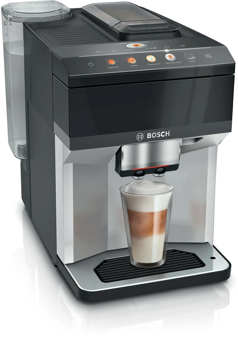 Espressor automat Bosch VeroCafe TPE40307, 1500W, 9 bauturi, 15 bari, Touch control & display color, 1.9 l, rasnita ceramica, dispozitiv spumare lapte MilkMagic Plus, Negru/argintiu