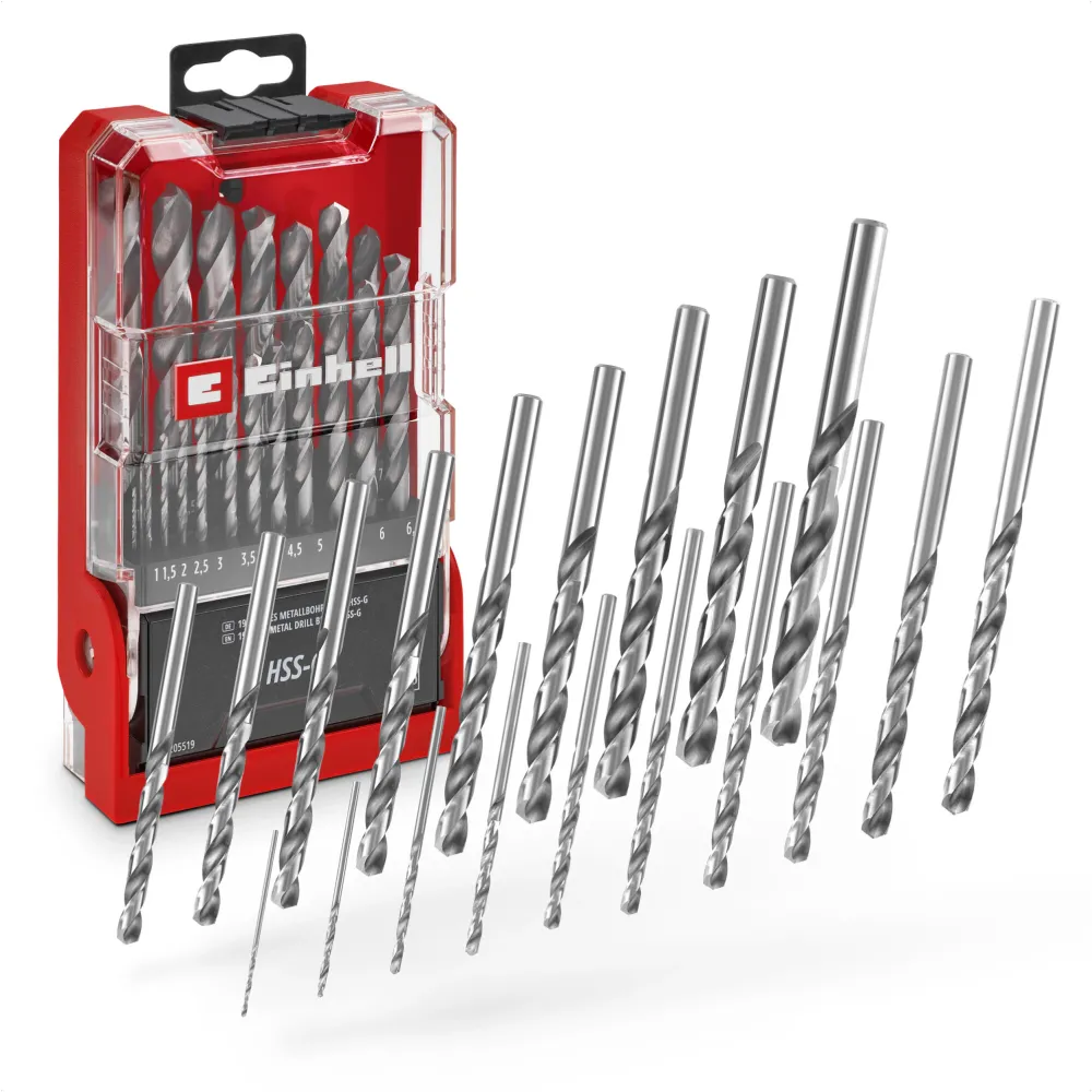 Set de 19 burghie metal Einhell, otel HSS 4241, varf cu varf despicat la 135°, spirala frezata tip N, inclus cutie de depozitare